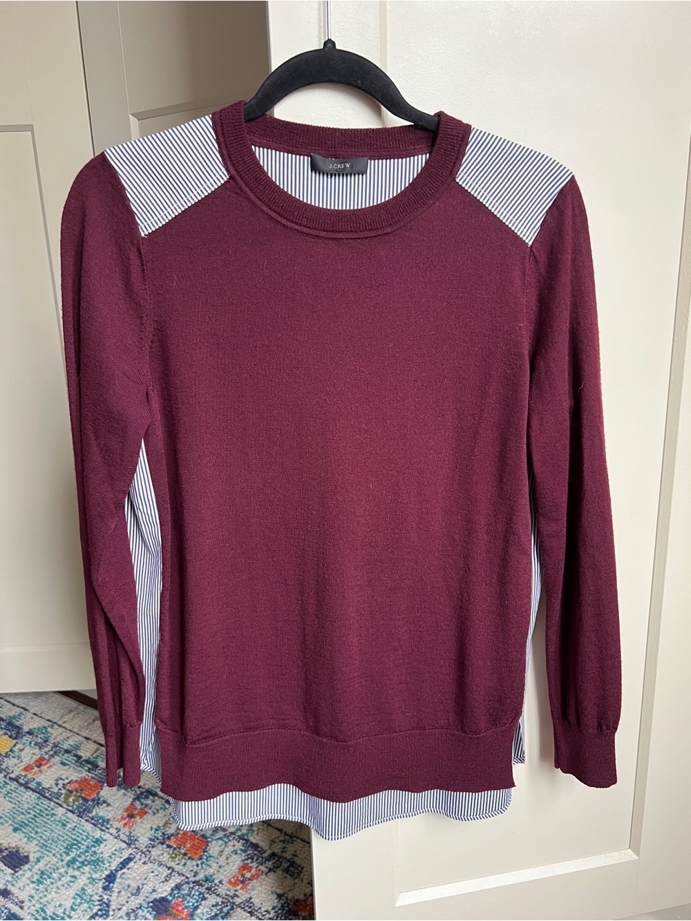J. Crew Burgundy Navy & White Merino Wool and Cotton Striped Sweater medium